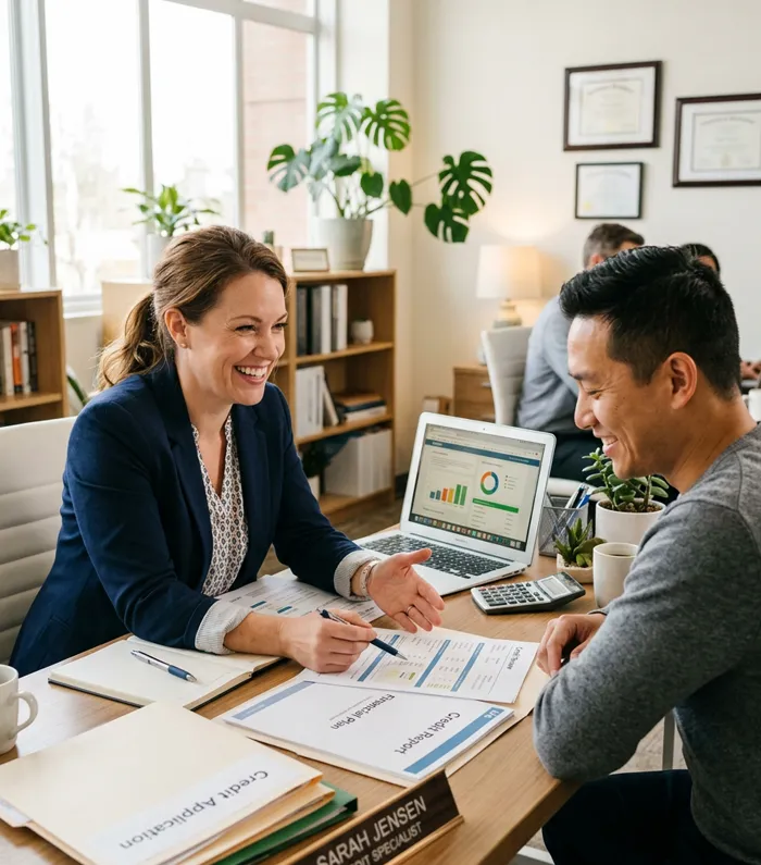 Credit specialist coaching a client on better credit